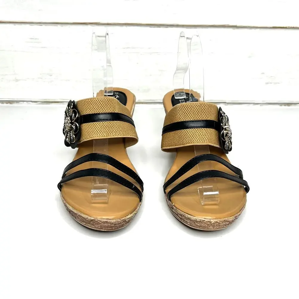 Via Veneto Slip On Wedge Sandals Tan Black Flower Size 10
